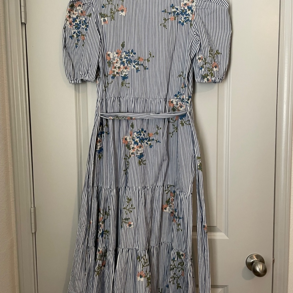 Veronica Beard Blue & White Striped Floral Tie-Waist Midi Dress - Picture 3 of 3